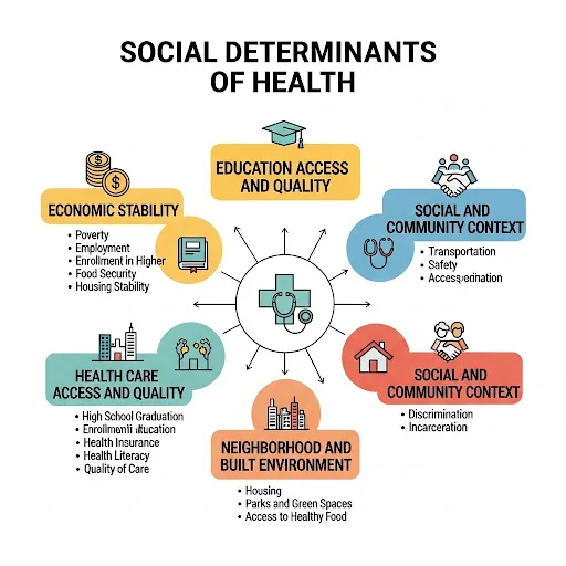 Infographic of Social Determinants of Health:
Education Access and Quality
Social and Community Context
Neighborhood and Build Environment
Health care access and quality
Economic StabilityAll described below the graphic